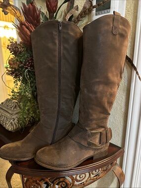 Crown Vintage Brown Tall Riding Boots with Buckle Detail
